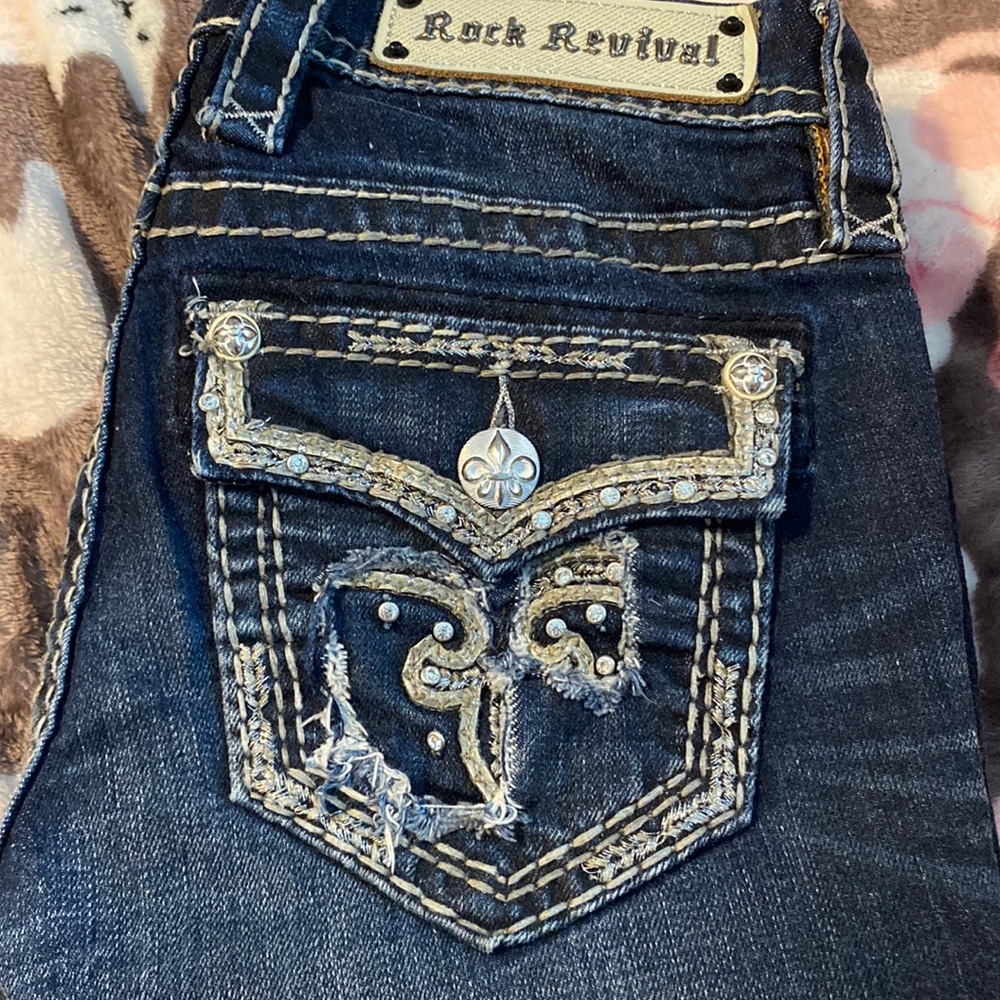 Rock Revival Women's Dark Blue Boot Cut Jeans with Embellished Pocket